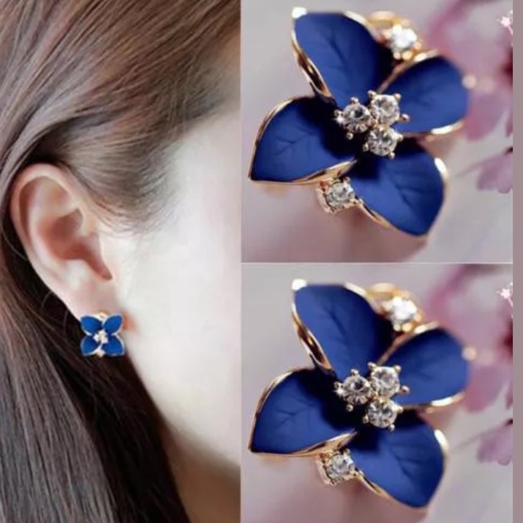 Gold Blue Flower Crystal Earrings - Picture 3 of 7